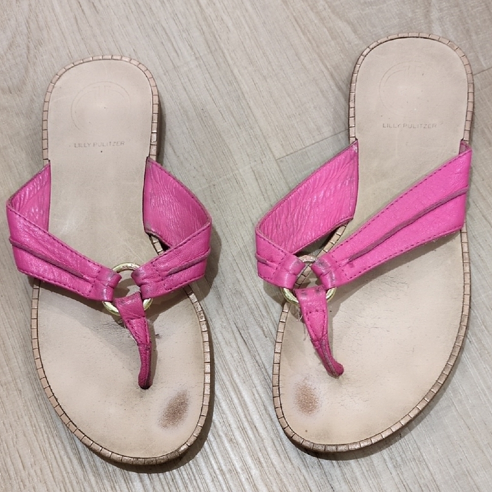 Lilly Pulitzer Pink Sandals with Metallic Embellishment-well Worn.